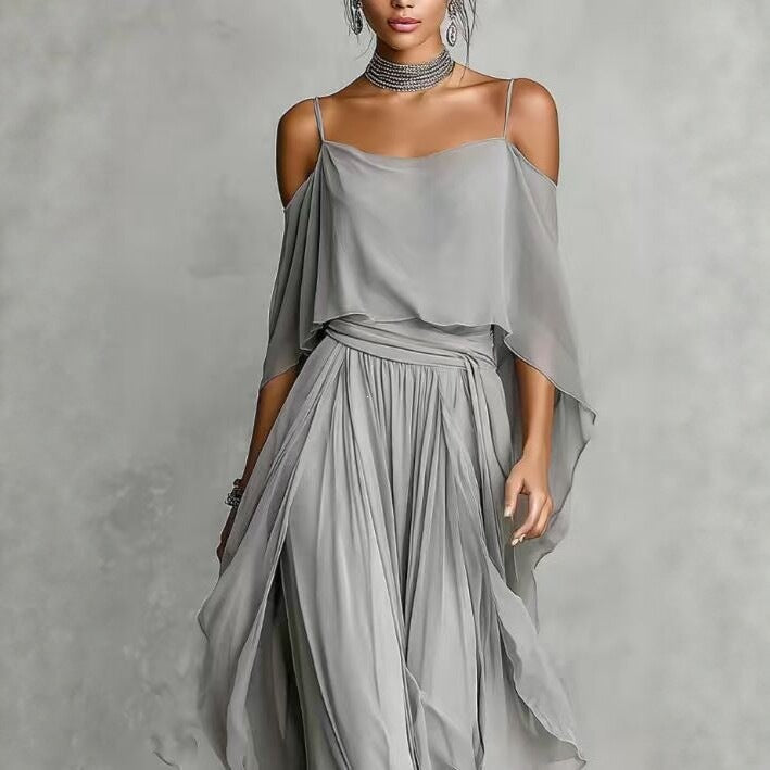 Damen Lange Chiffon Maxi Kleid mit Kaltem Schulter, Spaghetti-Träger und Geschichtetem Cape – Valéora