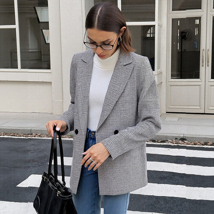 Damen Oversize Hahnentritt-Blazer mit Reverskragen und Pattentaschen Echoarchiv