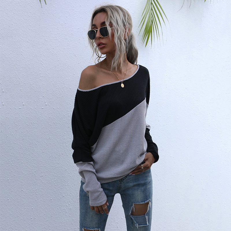 Damen Schulterfreier Rippstrick-Pullover im Diagonal-Colorblock mit lässiger Oversize-Passform Echoarchiv