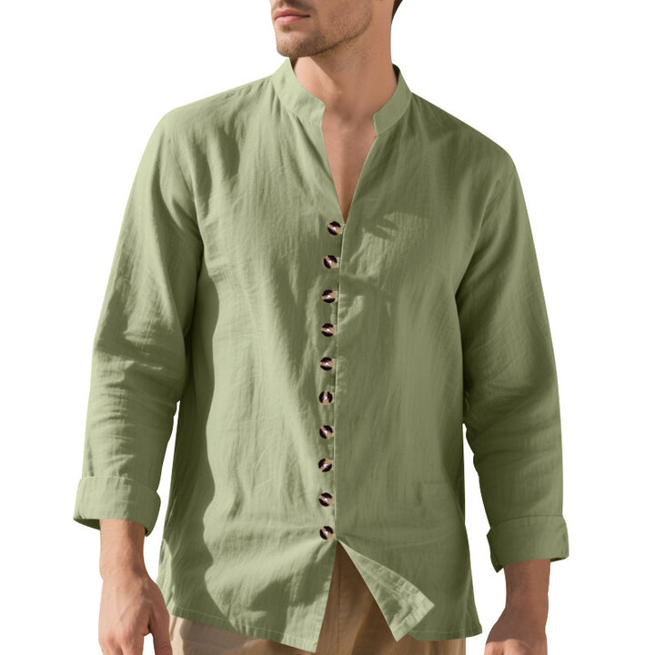 Herren lässiges Langarmhemd mit elegantem Stehkragen und schicken Knopfdetails Echoarchiv