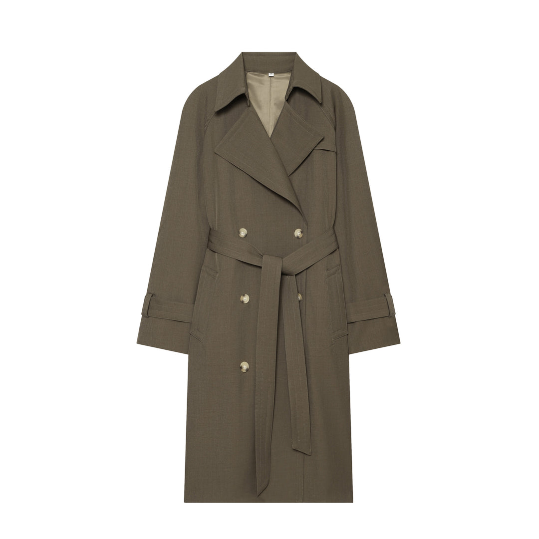 Damen eleganter Utility-Trench mit breitem Revers, Bindegürtel und aufgesetzten Pattentaschen – Avérine
