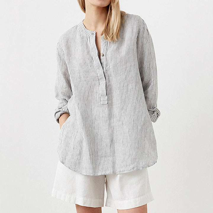 Damen Leichtes gestreiftes Tunika-Bluse mit Stehkragen und hohem Saum – Avérine