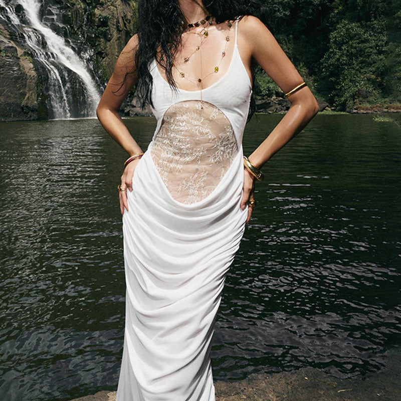 Damen Elegantes langes Kleid mit transparentem Spitzenbesatz und raffinierten Drapierungen Echo Archiv