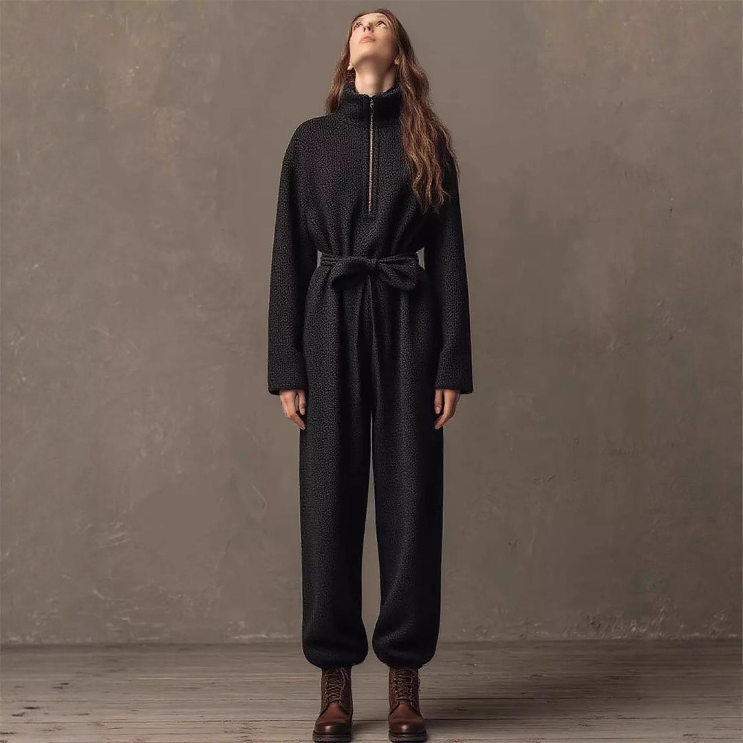 Damen Bouclé-Einteiler mit halbem Reißverschluss, Taillengürtel und weitem Bein – Solévia