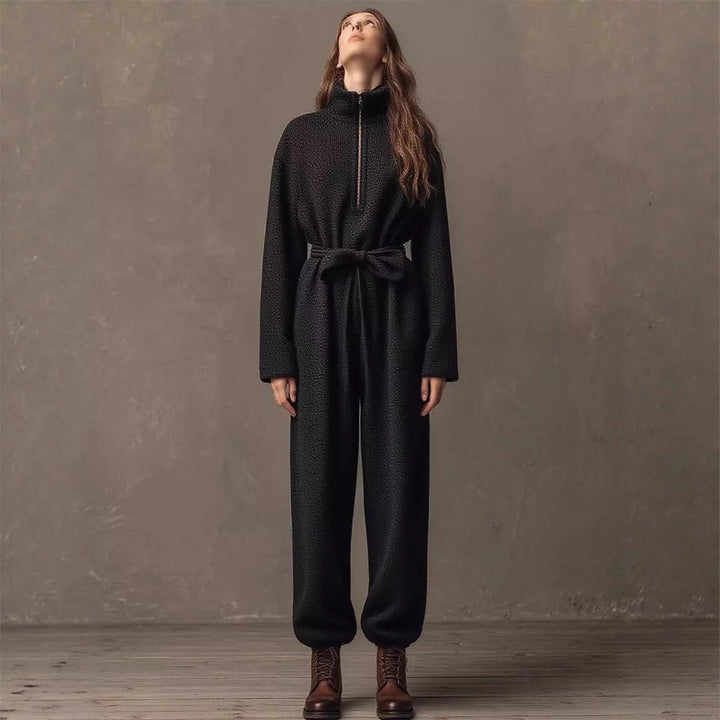 Damen Bouclé-Einteiler mit halbem Reißverschluss, Taillengürtel und weitem Bein – Solévia