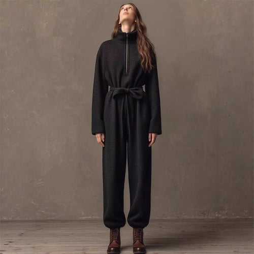 Damen Bouclé-Einteiler mit halbem Reißverschluss, Taillengürtel und weitem Bein – Solévia