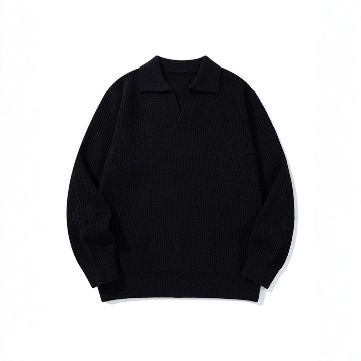 Herren Grobgestrickter Polokragen-Pullover mit V‑Ausschnitt und Rippenbündchen Echoarchiv