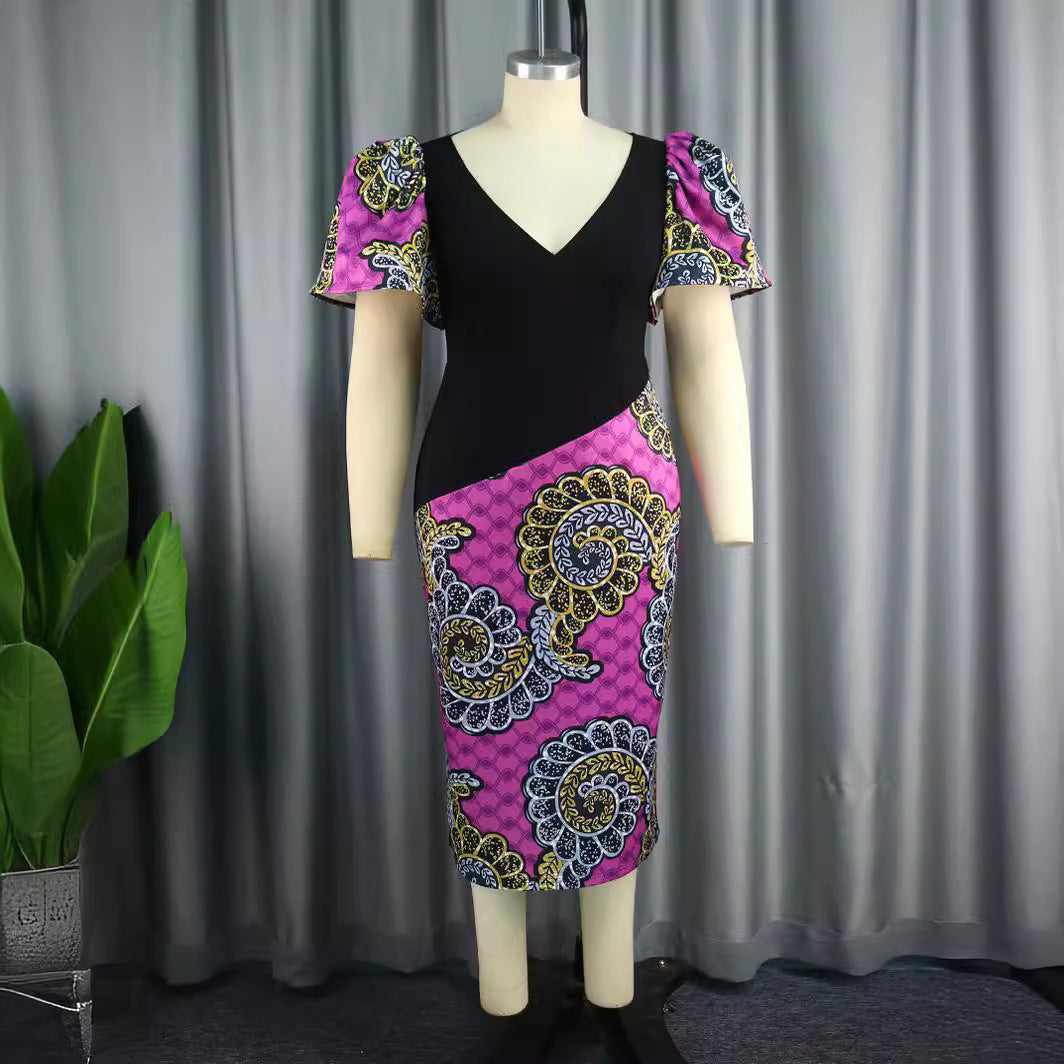 Damen Elegantes Etuikleid mit buntem Mustermix und Puffärmeln Echo Archiv