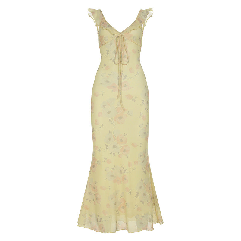Damen fließendes Maxikleid mit zarten Rüschendetails und floralem Muster Echo Archiv