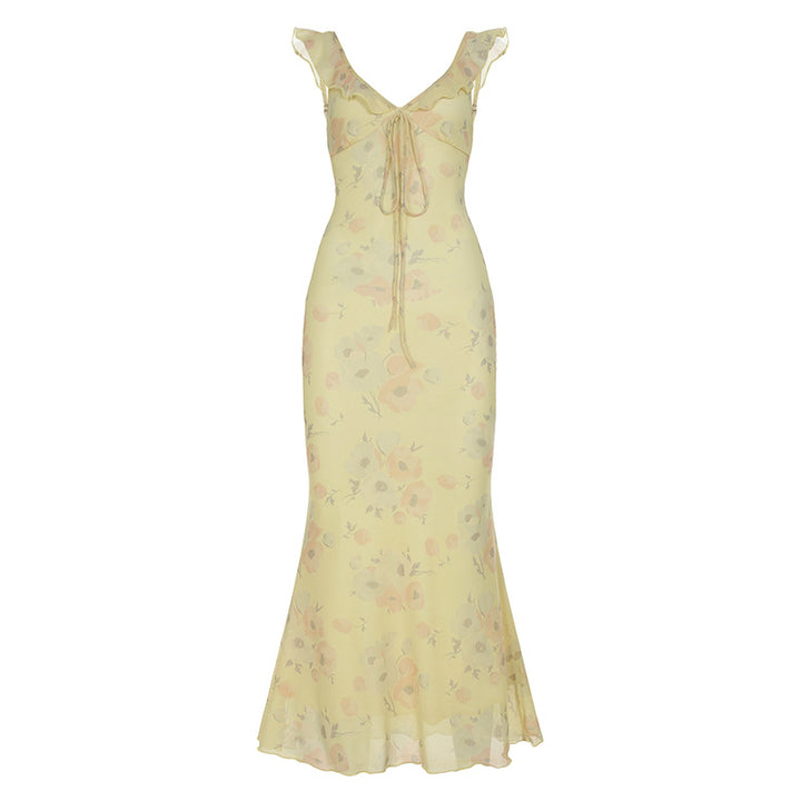 Damen fließendes Maxikleid mit zarten Rüschendetails und floralem Muster Echo Archiv