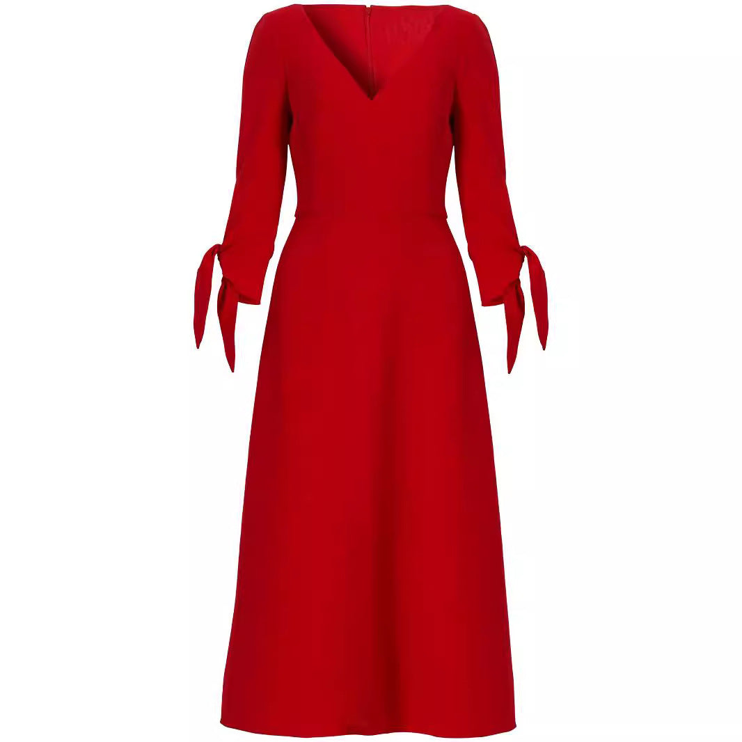 Damen Tailliertes Midikleid mit V-Ausschnitt und Schleifenmanschetten Echoarchiv