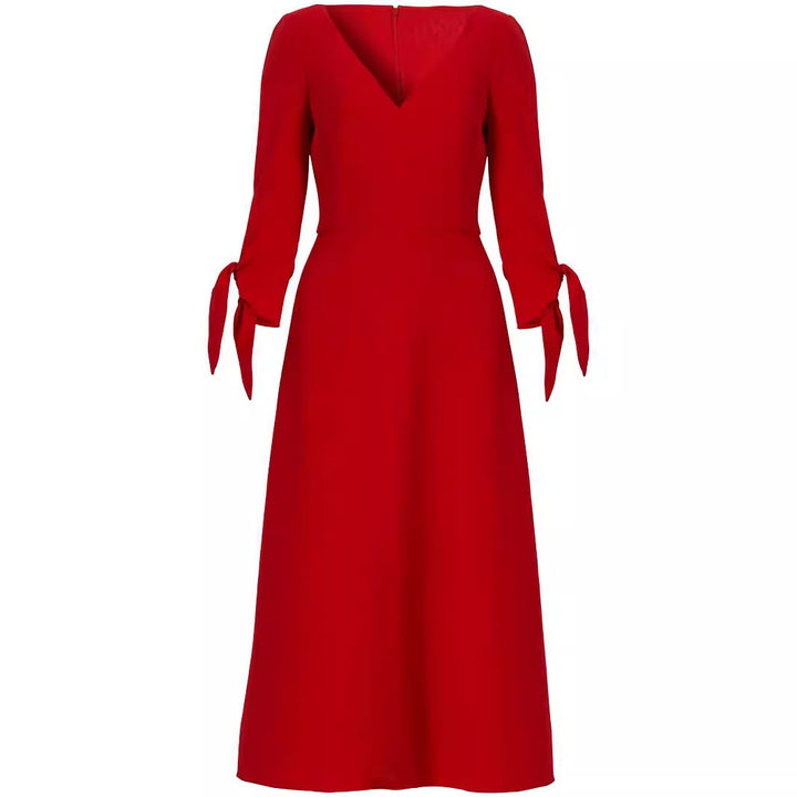 Damen Tailliertes Midikleid mit V-Ausschnitt und Schleifenmanschetten Echoarchiv
