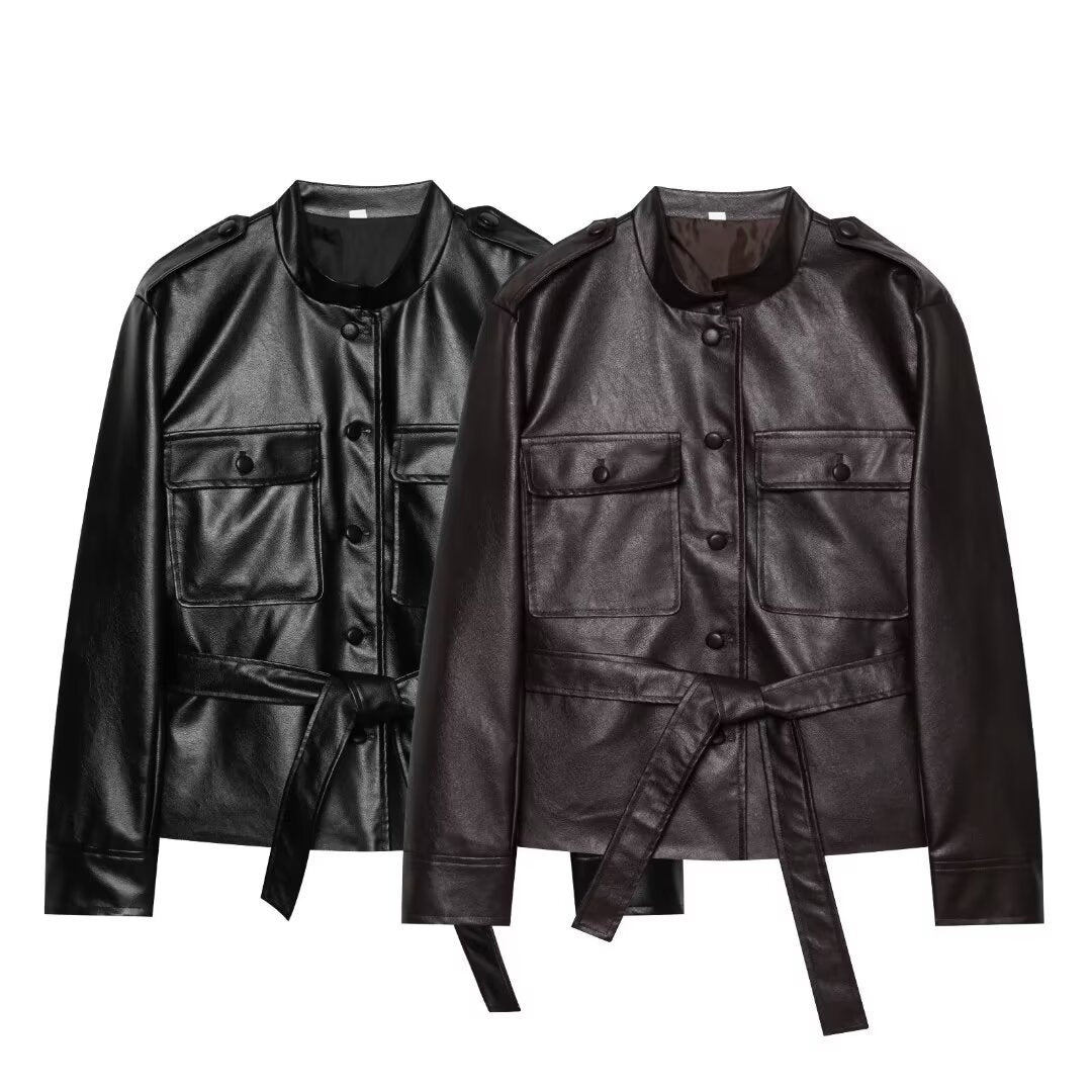 Damen Taillierter Kunstleder-Safari-Blouson mit Bindegürtel und Pattentaschen Echo Archiv