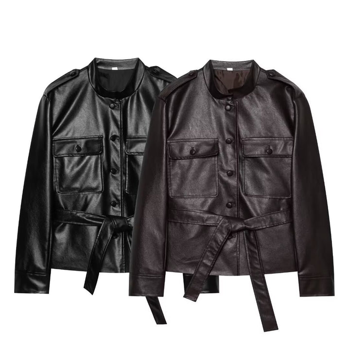 Damen Taillierter Kunstleder-Safari-Blouson mit Bindegürtel und Pattentaschen Echo Archiv