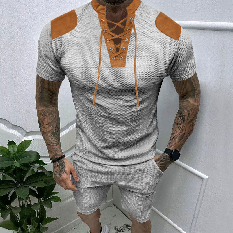 Herren lässiges Kurzarmshirt mit einzigartigem Schnürdesign und modernen Akzenten Echoarchiv