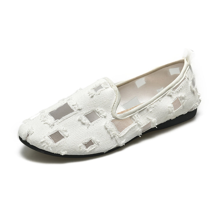 Damen nan lässiger Slipper mit Netz-Einsätzen und ausgefransten Jeansdetails Echo Archiv