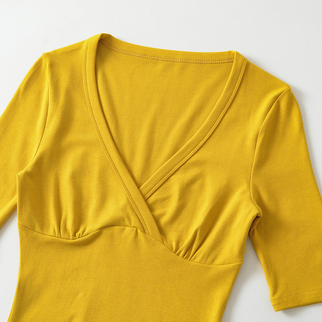 Damen Figurbetontes Wickelshirt mit tiefem V-Ausschnitt, dreiviertelärmeln und Taillenbetonung Echoarchiv