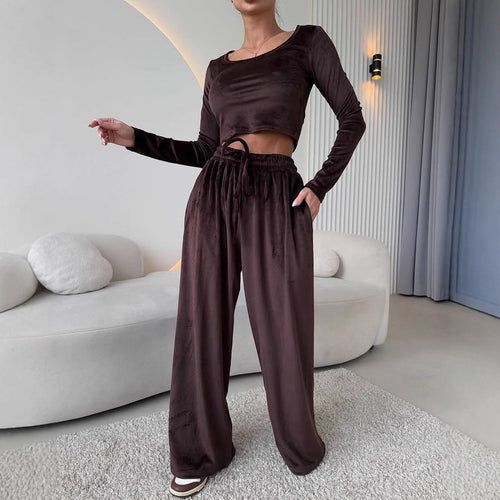 Damen Samt-Loungewear-Set mit Cropped-Langarmshirt und hoher Taillen-Palazzohose – Élanora