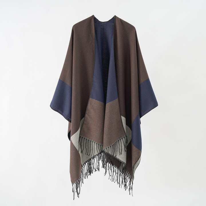 Damen Oversize-Ruana aus Wollmix mit Farbblock‑Design und Fransen Echo Archiv