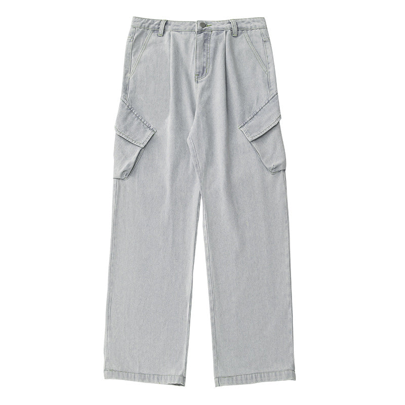 Unisex Hochtaillierte Relaxed-Denim‑Cargohose mit weitem Palazzoschnitt und asymmetrischen Klappentaschen Echo Archiv