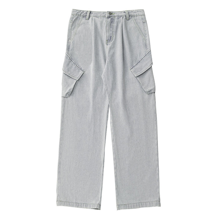 Unisex Hochtaillierte Relaxed-Denim‑Cargohose mit weitem Palazzoschnitt und asymmetrischen Klappentaschen Echo Archiv