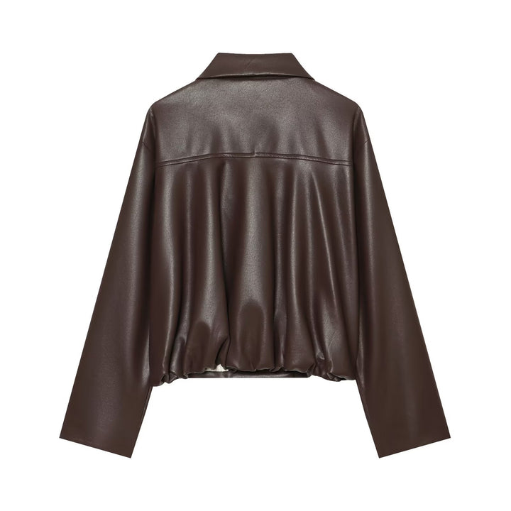 Damen Kurz geschnittene doppelreihige Kunstlederjacke mit weitem Hemdkragen Echo Archiv