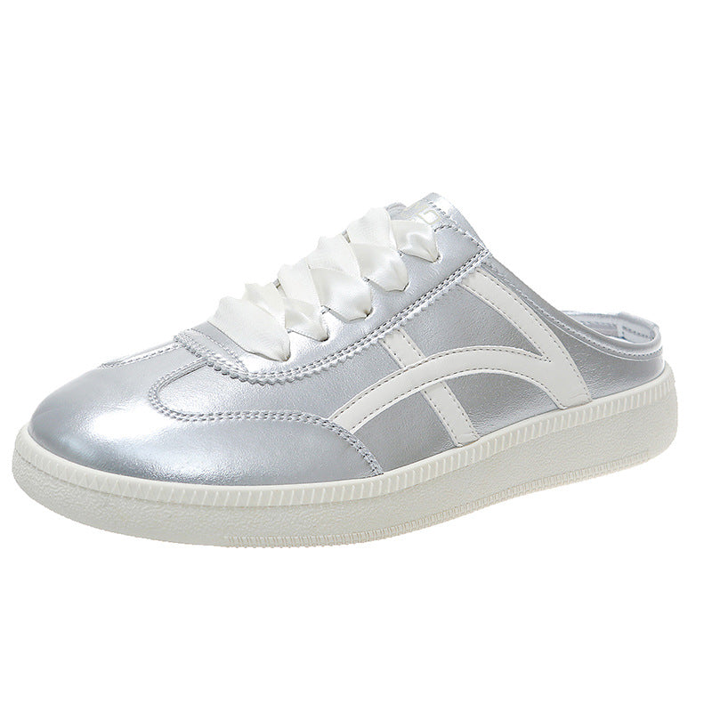 Damen Satin-Schnürpantoffel Mule-Sneaker mit offener Fersenpartie und Metallic-Optik – Lioré