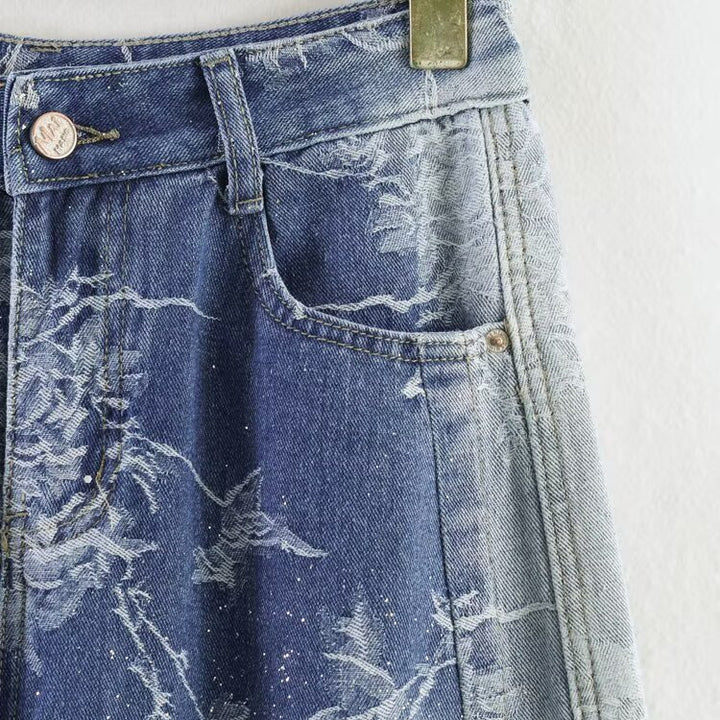 Damen Highwaist Culotte-Jeans mit weitem Bein und floraler Bleach-Optik Echoarchiv