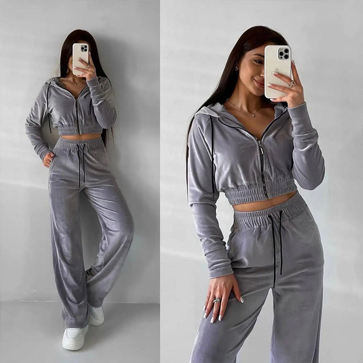 Damen Samt-Loungewear-Set mit Cropped Zip-Kapuzenjacke und weiter Palazzohose – Élanora