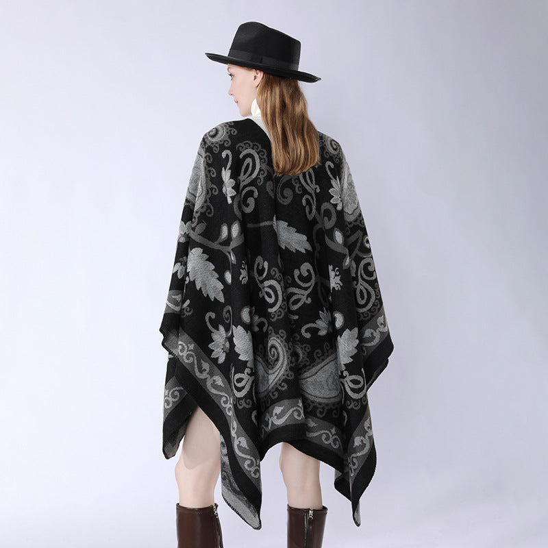 Damen Wollmix-Poncho-Umhang mit Paisley-Jacquard und Ziernaht – Célinea