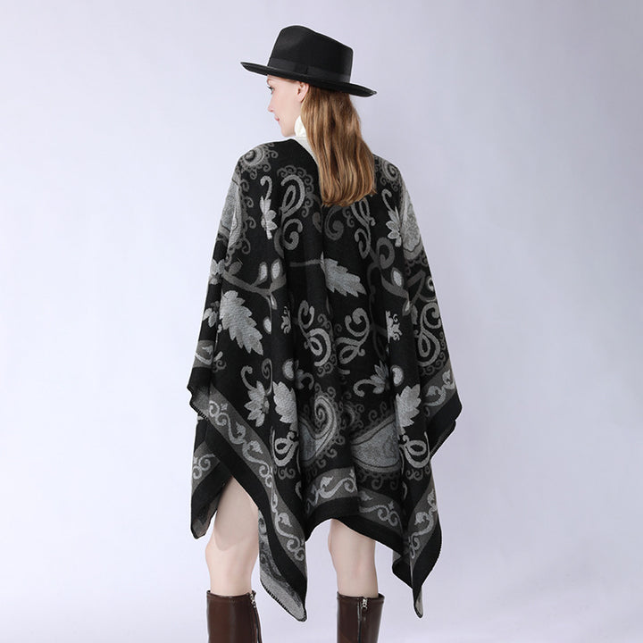 Damen Wollmix-Poncho-Umhang mit Paisley-Jacquard und Ziernaht – Célinea