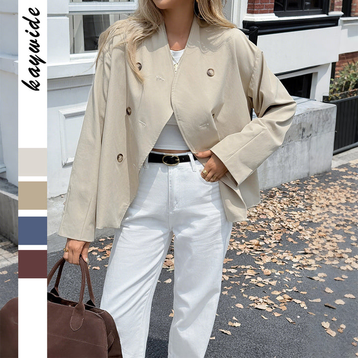 Damen kurze oversized Doppelreihige Übergangsjacke mit kimonoähnlichem Kragen und weiten Ärmeln – Célinea