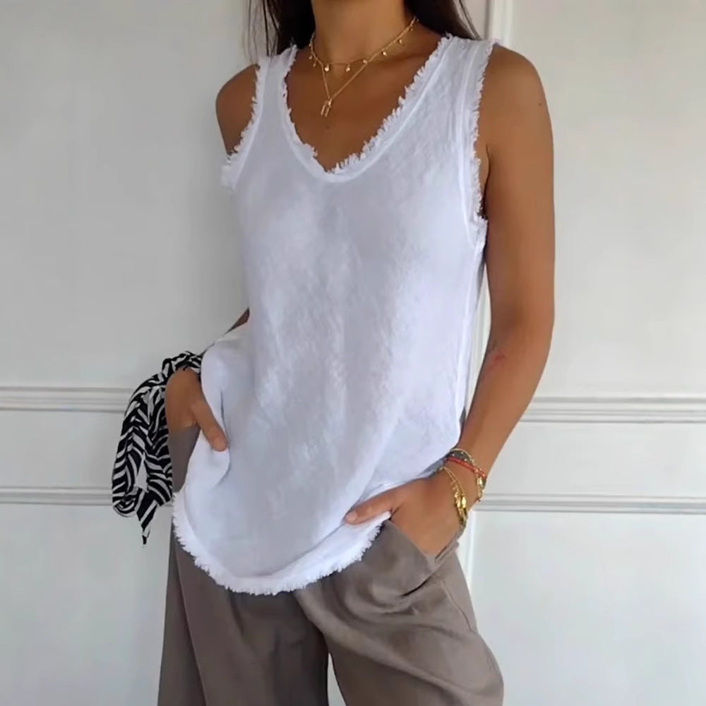 Damen nan lässiges Leinenoptik-Tanktop mit ausgefranstem Saum U-Ausschnitt und lockerer Hüftlänge Echo Archiv