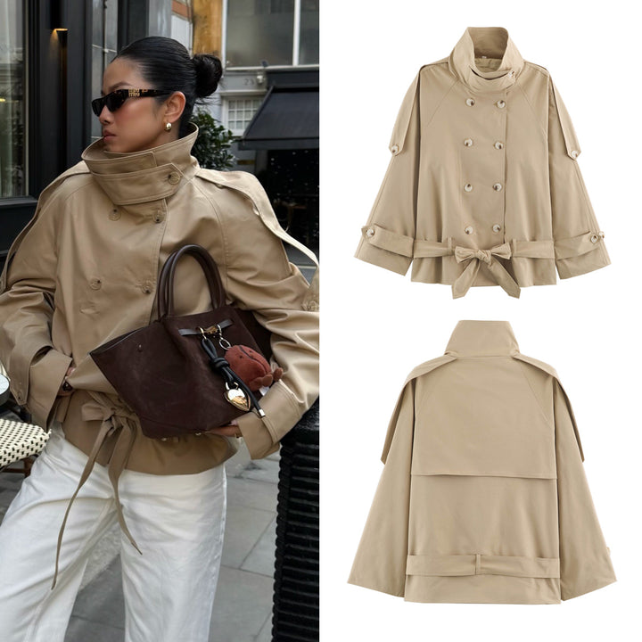 Damen Kurz geschnittener Cape-Trenchcoat mit Stehkragen und Taillengürtel Echo Archiv