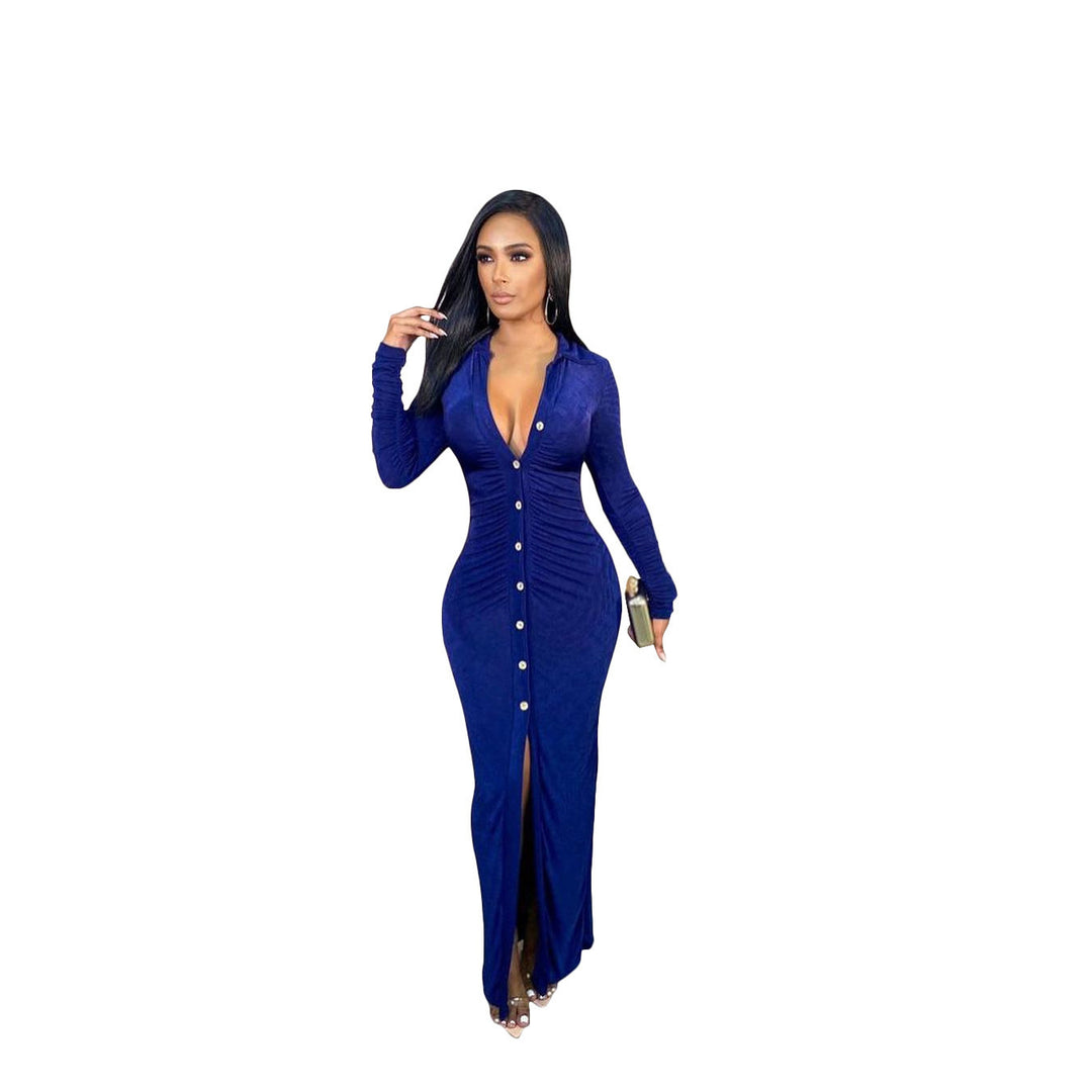 Damen Figurbetontes Maxikleid mit Knopfleiste, Raffung und tiefem V-Ausschnitt – Valéora