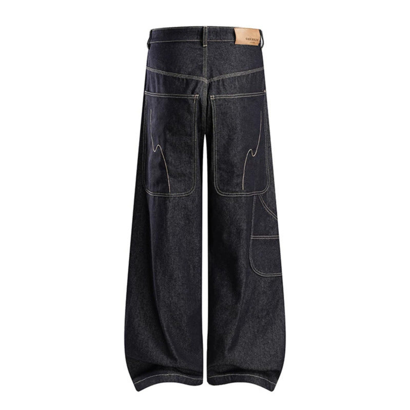Damen High‑Waist weite Balloon-Jeans mit Kontrastnähten und Utility‑Tasche Echoarchiv