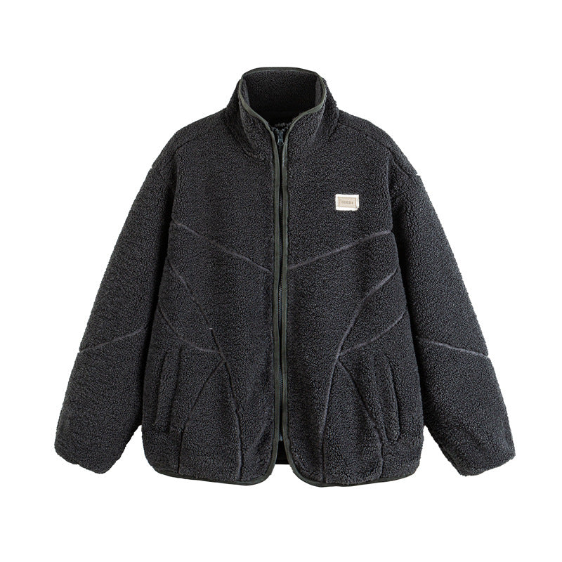 Unisex Teddy-Fleece-Blousonjacke mit Stehkragen und geometrischer Nahtführung Echoarchiv