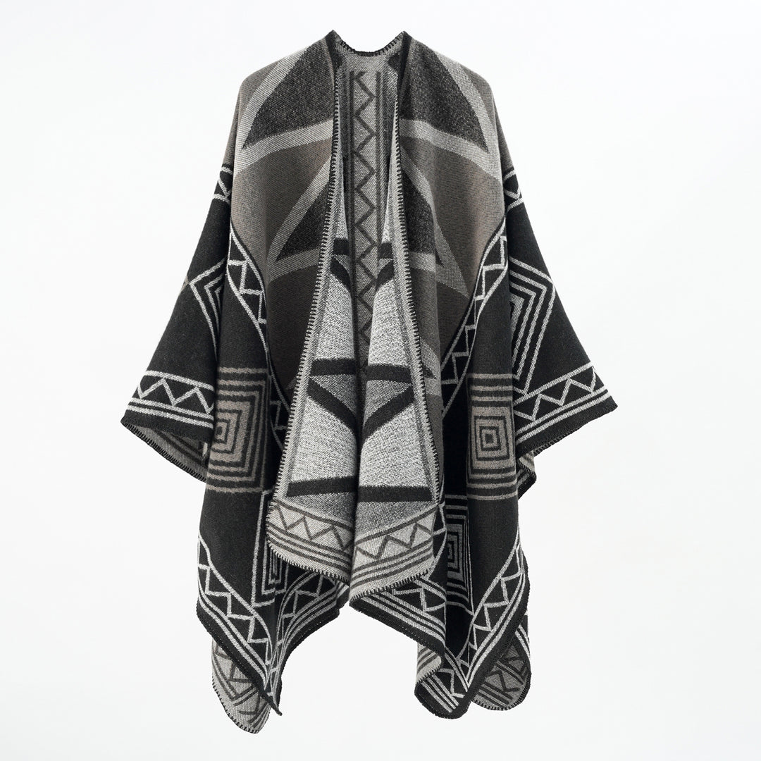Damen Geometrischer Wollmix-Überwurfponcho mit Kettelkante Echo Archiv