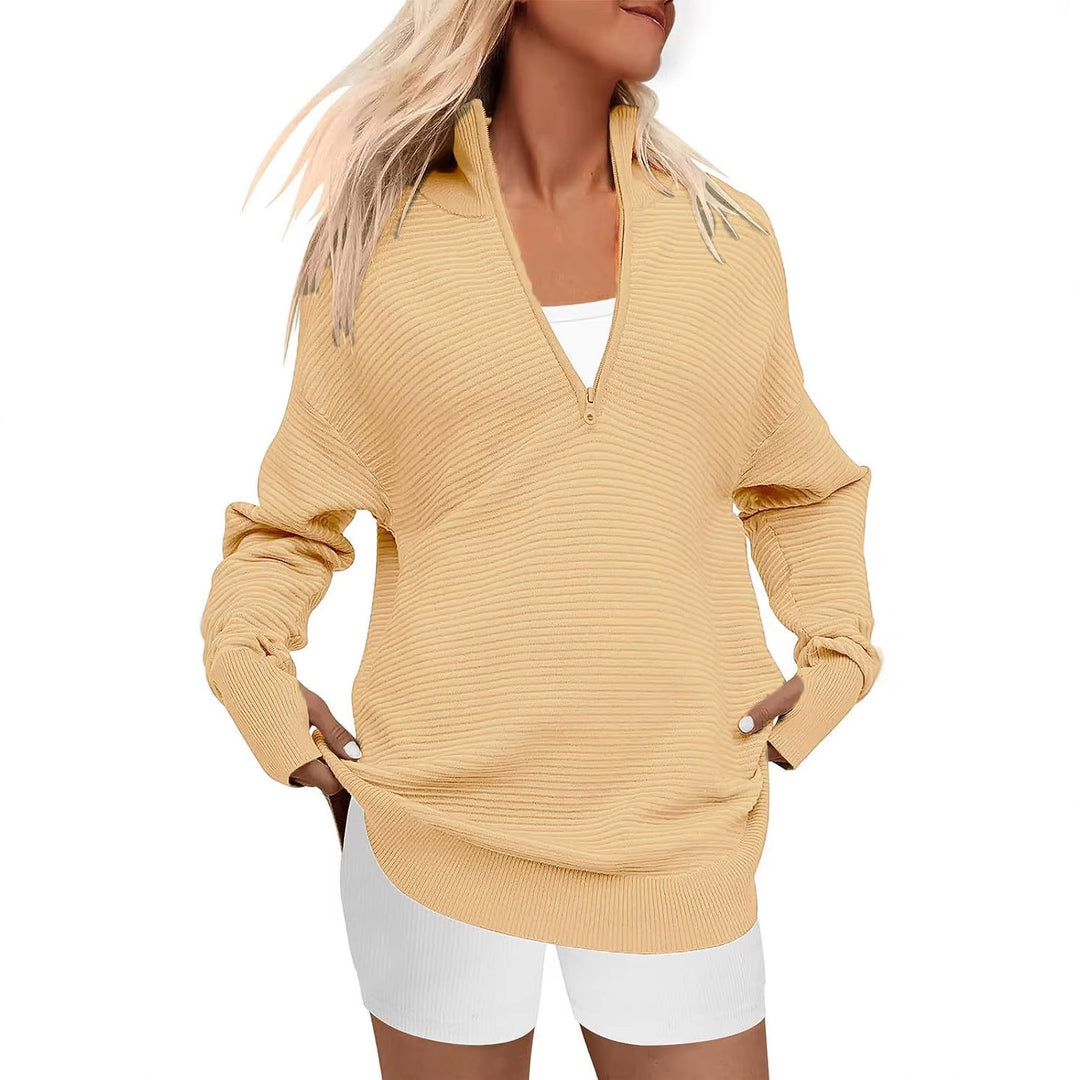 Damen Oversize-Feinstrickpullover mit halbem Reißverschluss, Stehkrragen und Daumenloch-Ärmeln Echo Archiv