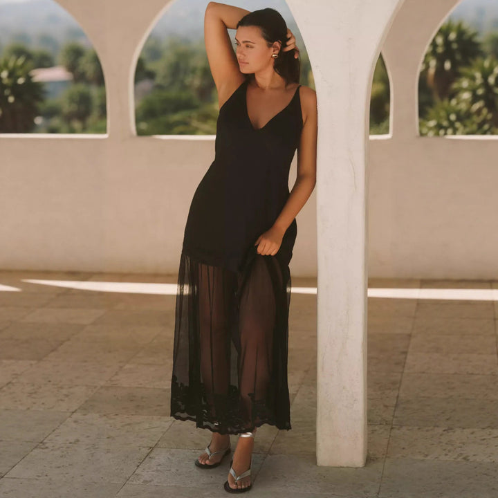 Damen nan zweiteiliges Maxikleid mit V-Ausschnitt, Spaghettiträgern und transparentem Tüllrock Echo Archiv