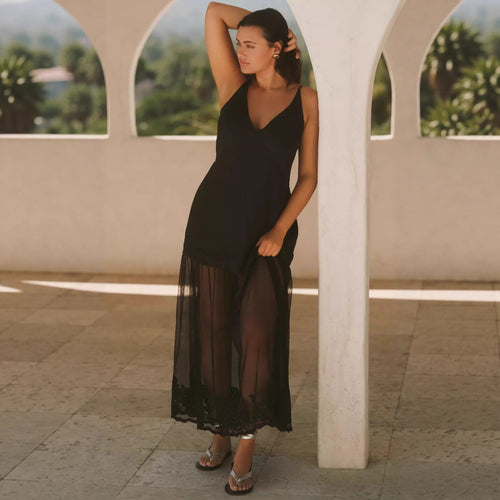 Damen nan zweiteiliges Maxikleid mit V-Ausschnitt, Spaghettiträgern und transparentem Tüllrock Echo Archiv