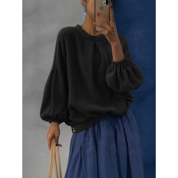 Damen Oversize Waffelstrickpullover mit Ballonärmeln und Kellerfalte Echoarchiv
