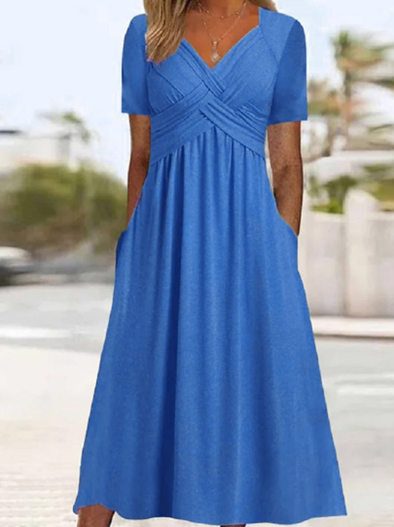Damen nan Maxikleid kurzarm mit überkreuztem Oberteil und Eingrifftaschen Echo Archiv
