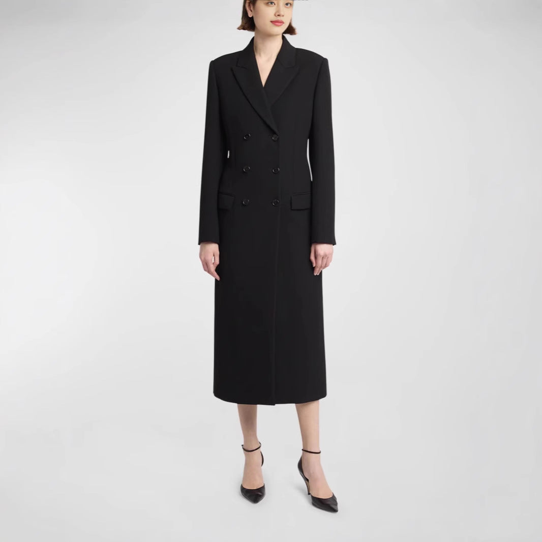 Damen Midilanger Doppelreihiger Blazer‑Mantel mit strukturierter Schulter und schlanker Passform Echoarchiv