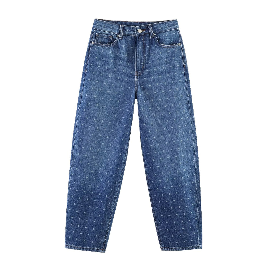 Damen High‑Waist Mom‑Jeans mit tapered Bein und dezentem Punkte‑Print Echoarchiv