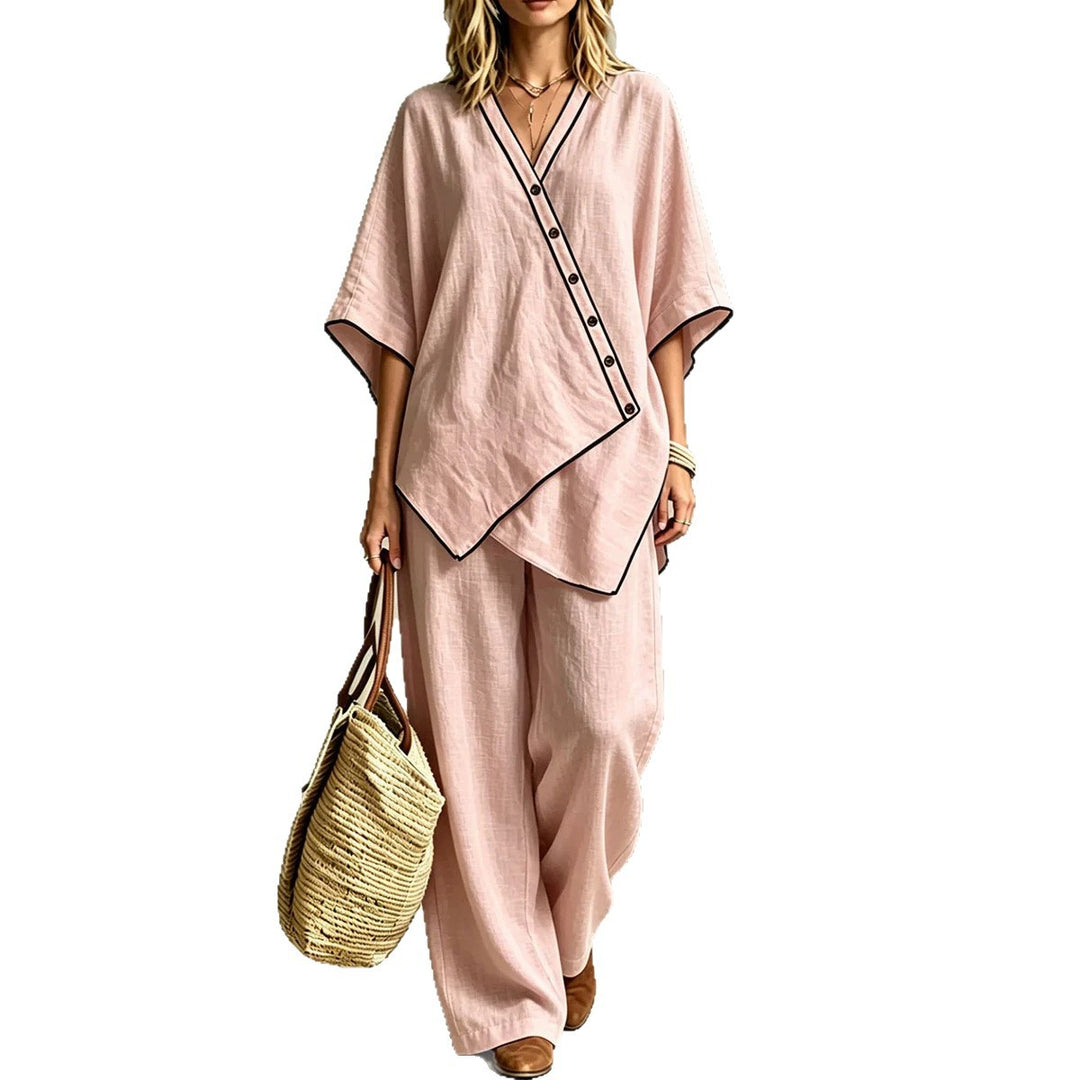Damen Asymmetrisches Tunika-Loungewear-Set mit diagonaler Knopfleiste und weiter Palazzohose – Élanora