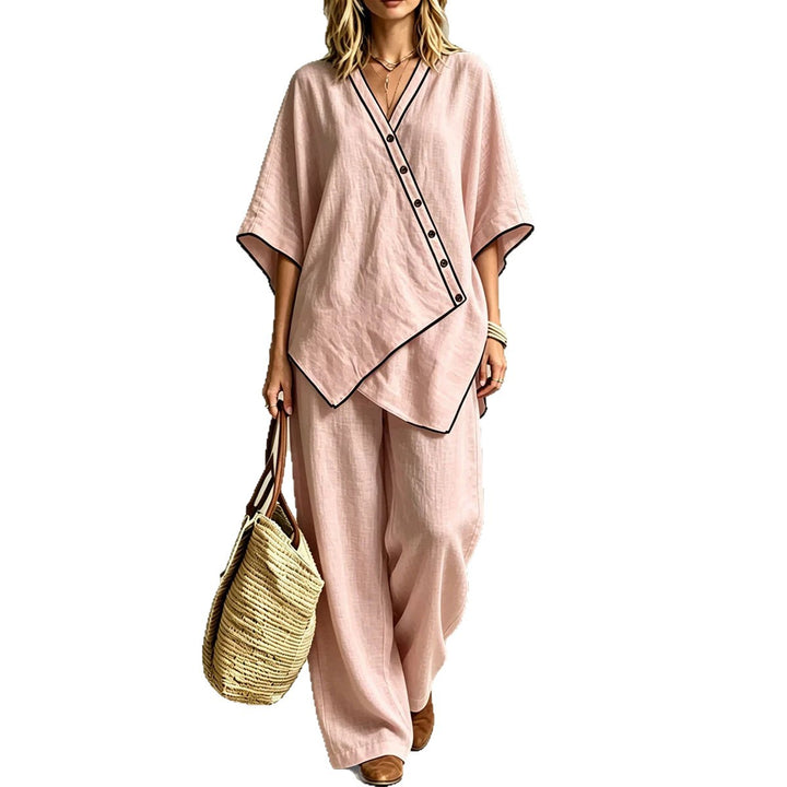 Damen Asymmetrisches Tunika-Loungewear-Set mit diagonaler Knopfleiste und weiter Palazzohose – Élanora
