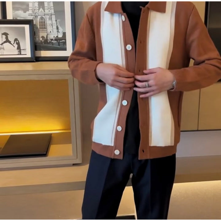 Damen Feinstrick-Cardigan mit Polokragen, kontrastierenden Rippeinsätzen und durchgehender Knopfleiste Echoarchiv