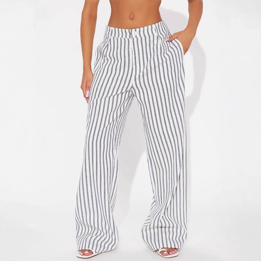 Damen Leinenoptik Palazzo-Hose mit hoher Taille und vertikalen Streifen – Avérine