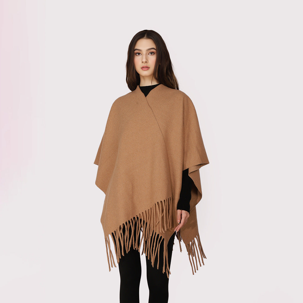 Damen Kaschmir‑Optik Capeponcho mit Fransen und offenem Oversize‑Schnitt Echo Archiv